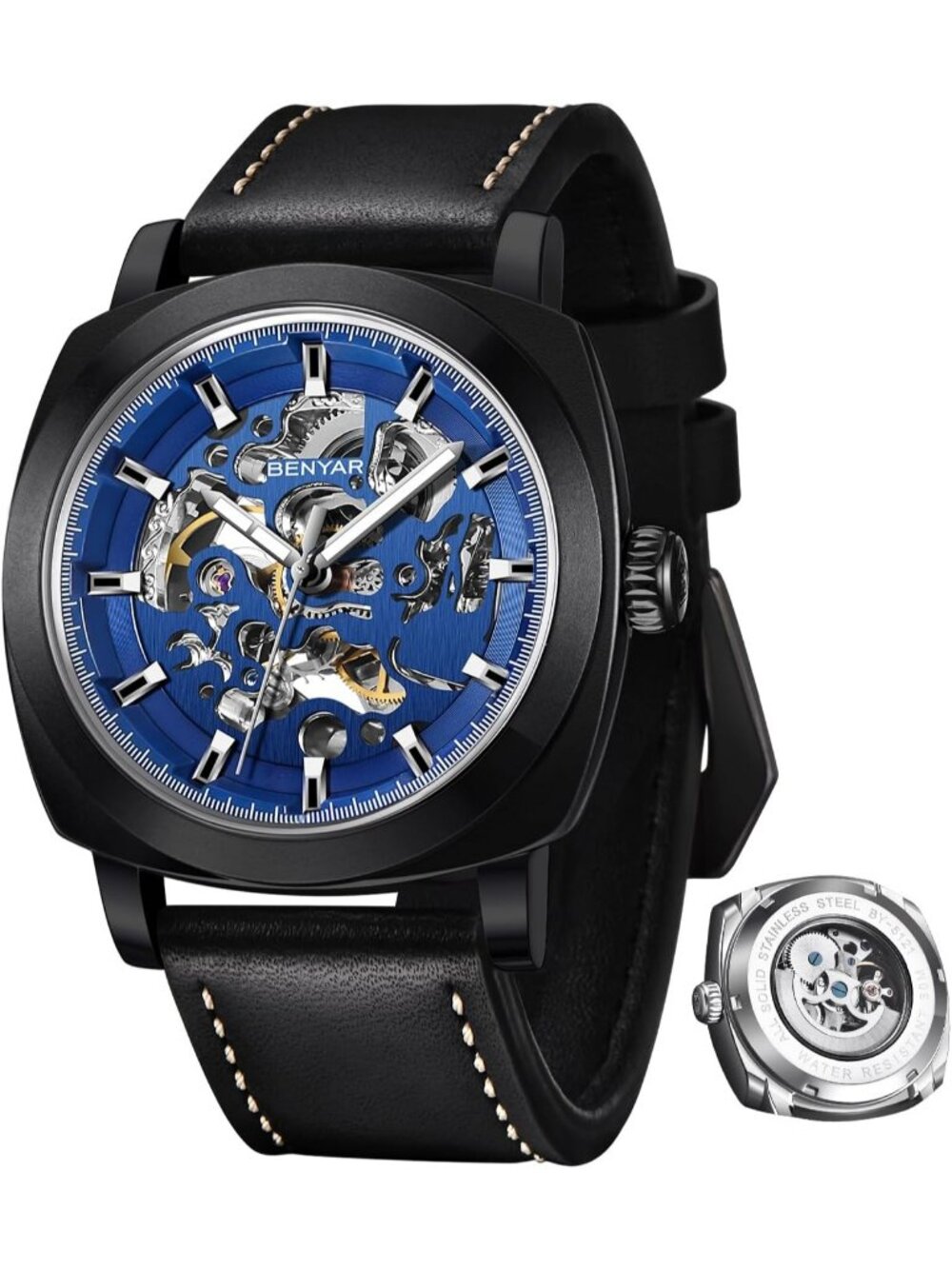 Men's Black Blue Leather Strap Skeleton Dial Mechanical Automatic Wrist Watch
